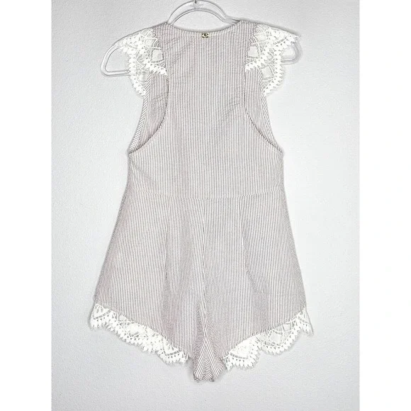 For Love & Lemons Emmy Sleep Romper Brown Seersucker and Lace Size Small - Picture 14 of 16
